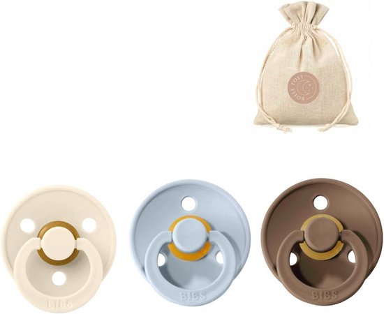 BIBS spenen T2 met speenzakje - Ivory, Baby blue en Dark oak - 6 tot 18 maanden van Bibs
