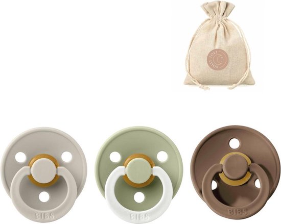 BIBS spenen T2 met speenzakje - Sand, Dark oak en Glow in the dark Sage - 6 tot 18 maanden van Bibs