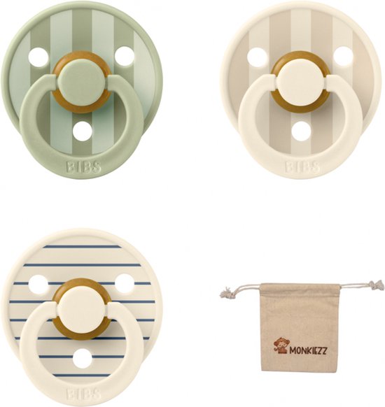 Bibs studio fopspenen maat 1 (0-6 maanden) Set 3 fopspenen + speenzakje - Block Ivory/Vanilla, Block Sage, Pin Ivory/Steel Blue van Bibs