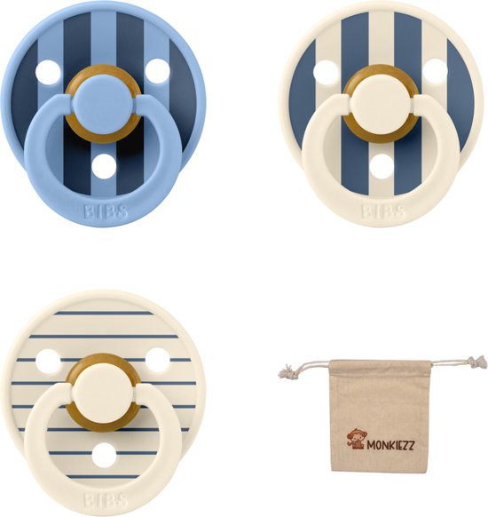 Bibs studio fopspenen maat 1 (0-6 maanden) Set 3 fopspenen + speenzakje - Block Sky Blue, en Block Ivory/Steel Blue en Pin Ivory/Steel Blue van Bibs