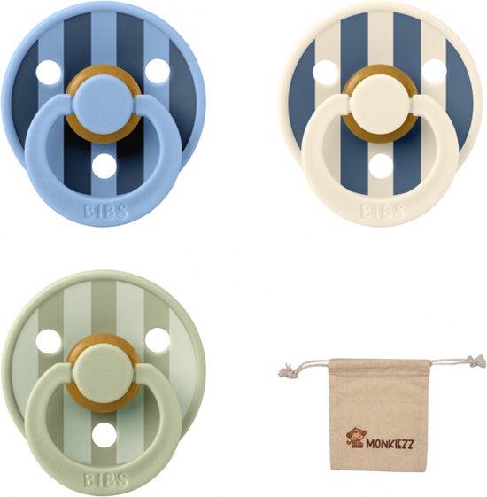 Bibs studio fopspenen maat 1 (0-6 maanden) Set 3 fopspenen + speenzakje - Block Steel Blue, Block Sage, Block Sky Blue van Bibs