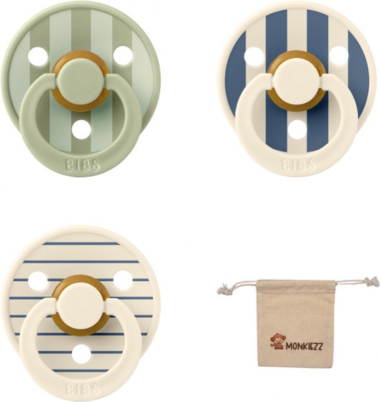 Bibs studio fopspenen maat 1 (0-6 maanden) Set 3 fopspenen + speenzakje - Block Steel Blue, Block Sage, Pin Ivory/Steel Blue van Bibs