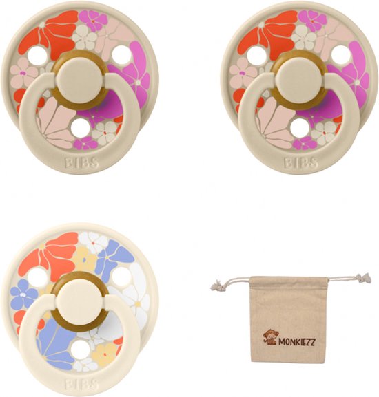 Bibs studio fopspenen maat 2 (6-18 maanden) Set 3 fopspenen + speenzakje - 1x Flower child ivory, 2xFlower child vanilla van Bibs