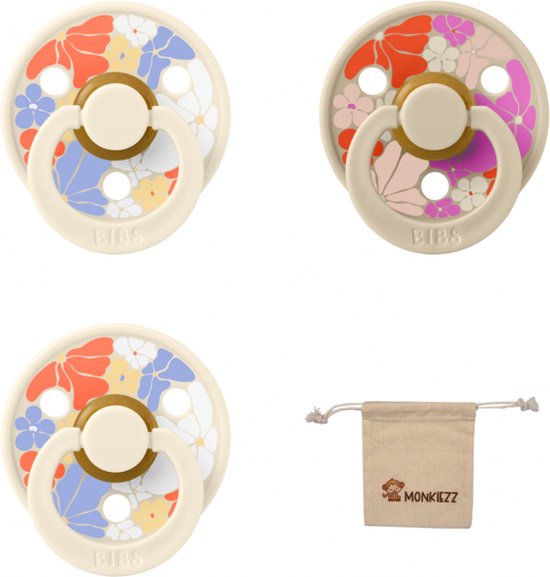 Bibs studio fopspenen maat 2 (6-18 maanden) Set 3 fopspenen + speenzakje - 2x Flower child ivory, 1x Flower child vanilla van Bibs