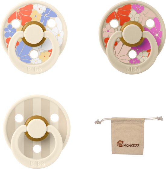 Bibs studio fopspenen maat 2 (6-18 maanden) Set 3 fopspenen + speenzakje - Flower child ivory, Flower child vanilla en Block Ivory/Vanilla van Bibs