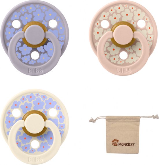 Bibs studio fopspenen maat 2 (6-18 maanden) Set 3 fopspenen + speenzakje - Jasmin Field Ivory, Blush, Fossil Grey van Bibs