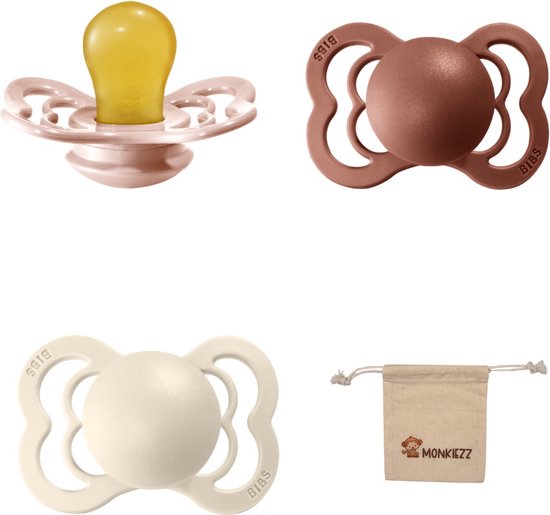 BIBS Supreme Fopspenen - Maat 1 0-6 maanden - Latex – Blush - Woodchuck – Ivory + Monkiezz speenzakje van Bibs