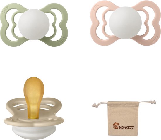 BIBS Supreme Fopspenen - Maat 1 0-6 maanden - Latex – Glow in the dark Sage - Blush – Vanilla + Monkiezz speenzakje van Bibs