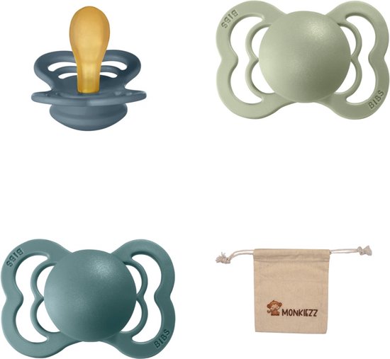BIBS Supreme Fopspenen - Maat 1 0-6 maanden - Latex – Petrol – Island Sea– Sage + Monkiezz speenzakje van Bibs