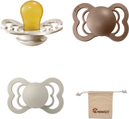 BIBS Supreme Fopspenen - Maat 1 0-6 maanden - Latex – Vanilla – Sand– Dark Oak + Monkiezz speenzakje van Bibs