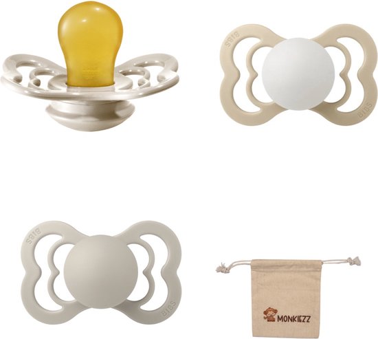 BIBS Supreme Fopspenen - Maat 1 0-6 maanden - Latex – Vanilla – Sand– Glow in the dark Vanilla + Monkiezz speenzakje van Bibs