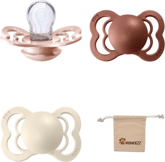 BIBS Supreme Fopspenen - Maat 1 0-6 maanden - Silicone – Blush - Woodchuck - Ivory + Monkiezz speenzakje van Bibs