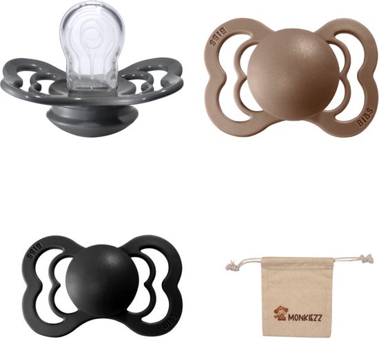 BIBS Supreme Fopspenen - Maat 1 0-6 maanden - Silicone - Dark Oak – Iron – Black + Monkiezz speenzakje van Bibs