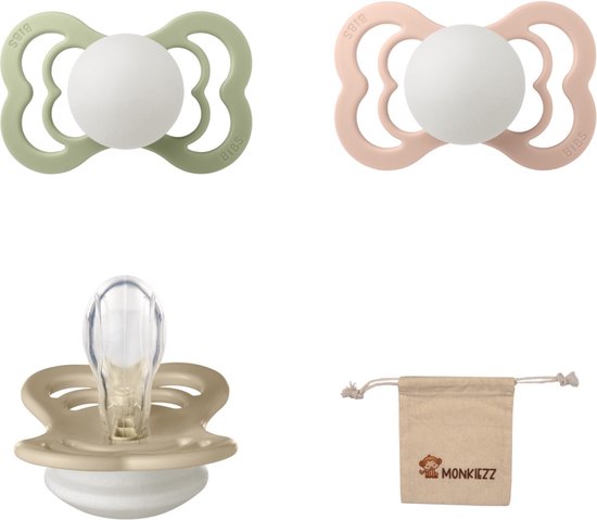 BIBS Supreme Fopspenen - Maat 1 0-6 maanden - Silicone – Glow in the dark Sage - Blush - Vanilla + Monkiezz speenzakje van Bibs