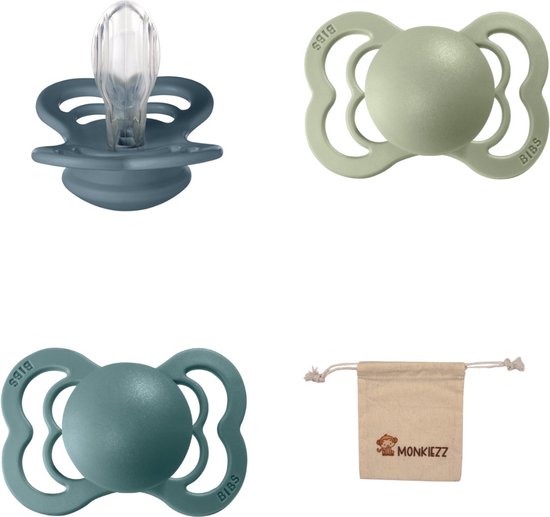 BIBS Supreme Fopspenen - Maat 1 0-6 maanden - Silicone – Petrol - Island Sea - Sage + Monkiezz speenzakje van Bibs