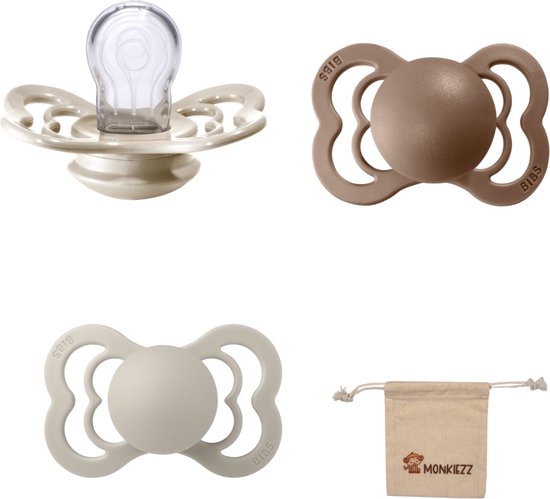 BIBS Supreme Fopspenen - Maat 1 0-6 maanden - Silicone – Vanilla - Sand – Dark Oak + Monkiezz speenzakje van Bibs