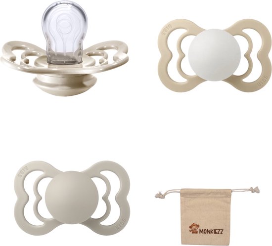 BIBS Supreme Fopspenen - Maat 1 0-6 maanden - Silicone – Vanilla - Sand – Glow in the dark Vanilla + Monkiezz speenzakje van Bibs