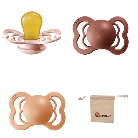 BIBS Supreme Fopspenen - Maat 2 6-18 maanden - Latex – Blush - Peach – Woodchuck + Monkiezz speenzakje van Bibs