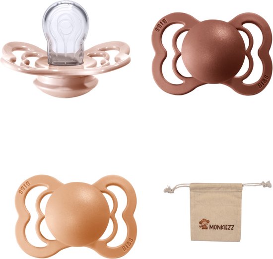BIBS Supreme Fopspenen - Maat 2 6-18 maanden - Silicone - Blush - Peach - Woodchuck + Monkiezz speenzakje van Bibs