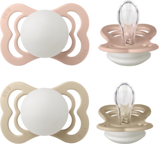 Bibs Supreme Glow In The Dark Blush/Vanilla 6+ mnd 2 Stuks Silicone Fopspeen 260357 van Bibs