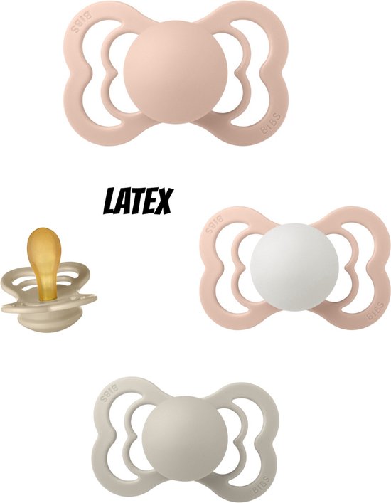 Bibs Supreme Latex fopspeen 0-6 maand 4 stuks Vanilla,Sand,Blush en Blush Glow maat 1 van Bibs