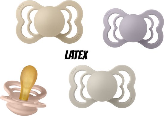 Bibs Supreme Latex fopspeen 6-18 maand 4 stuks Blush,Vanilla,Sand en Fossil Grey maat 2