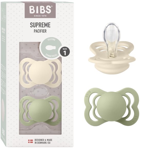 BIBS Supreme Speen verpakking van 2 stuks. BPA-vrij, Symmetrische speen. Natuurlijk rubberlatex, Gemaakt in Denemarken. Maat 1 (0-6 maanden), Ivory / Sage van Merkloos