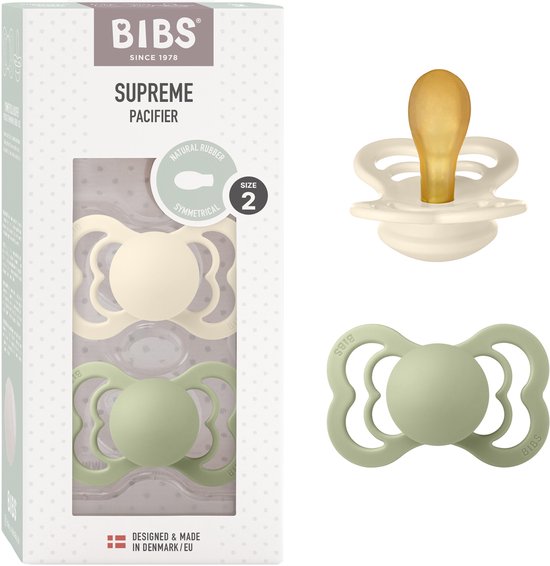 BIBS Supreme Speen verpakking van 2 stuks. BPA-vrij, Symmetrische speen. Natuurlijk rubberlatex, Gemaakt in Denemarken. Maat 2 (6-18 maanden), Ivory / Sage van Merkloos