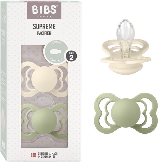 BIBS Supreme Speen verpakking van 2 stuks. BPA-vrij, Symmetrische speen. Siliconen, Gemaakt in Denemarken. Maat 2 (6-18 maanden), Ivory / Sage van Merkloos