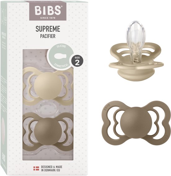 BIBS Supreme Speen verpakking van 2 stuks. BPA-vrij, Symmetrische speen. Siliconen, Gemaakt in Denemarken. Maat 2 (6-18 maanden), Vanilla / Dark Oak van Merkloos