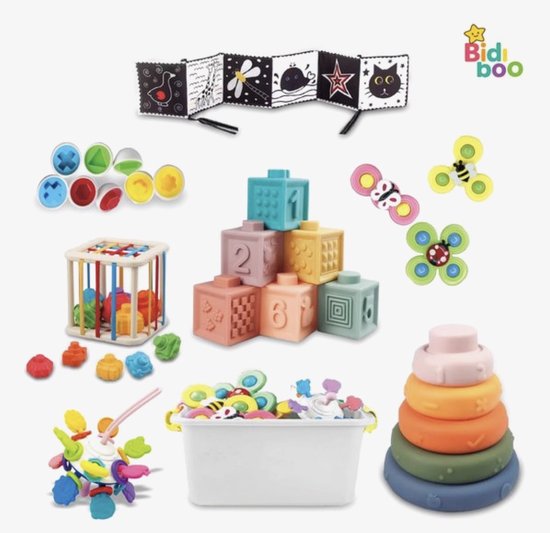 Bidiboo 8 in 1 Montessori Babyspeelgoed Set – Educatief Sensorisch Speelgoed – Baby Speelgoed 6 Maanden – Inclusief Opbergbox – Stapelringen, Voelblokken, Fidget Spinner & Activiteitenspeelgoed van Merkloos