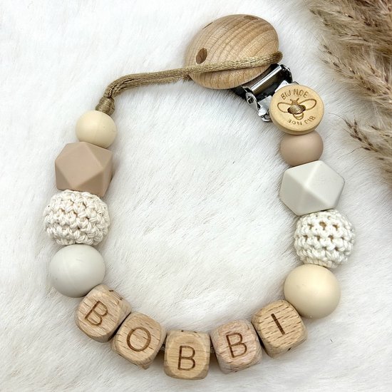 Bij Noe - Speenkoord met naam - Crème/ Zand/ Wit - Kraamcadeau - Speenketting - Babycadeau - Babyshower - Naturel - Unisex van Bij Noe