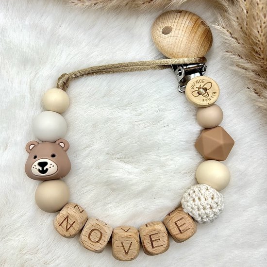 Bij Noe - Speenkoord met naam - Crème/ Zand/ Wit - Met beer - Naturel - Kraamcadeau - Babycadeau - Speenketting - Babyshower - Unisex van Bij Noe