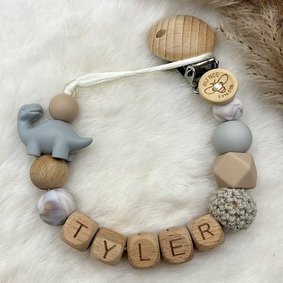 Bij Noe - Speenkoord met naam - Dino Grijs Marmer- Kraamcadeau van Bij Noe
