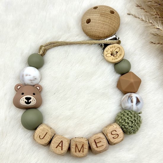 Bij Noe -Speenkoord met naam - Groen Bruin Marmer - met beer - unisex - Speenketting - babycadeau - kraamcadeau- van Bij Noe