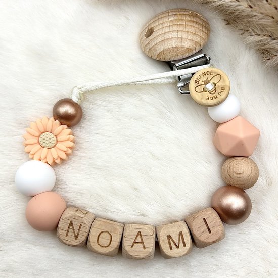 Bij Noe - Speenkoord met naam - VERZENDING BINNEN 24 UUR! - Roze/ Wit/ Rose gold - Met bloem - Kraamcadeau - Babycadeau - Speenketting - Babyshower - Meisjes van Bij Noe