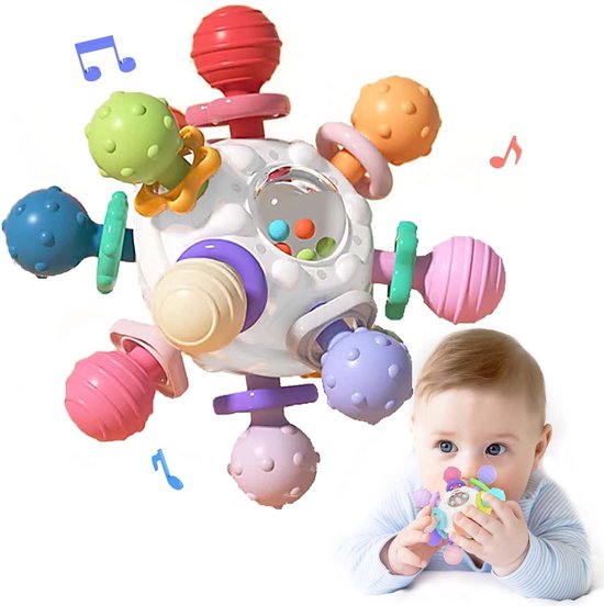 Bijtbal voor baby's, geschikt voor pasgeborenen van 0-3 maanden; sensorisch ontwikkelingsspeelgoed; rammelaar, een geweldig educatief cadeau voor jongens en meisjes van 3, 6, 9, 12 maanden en 1 jaar.