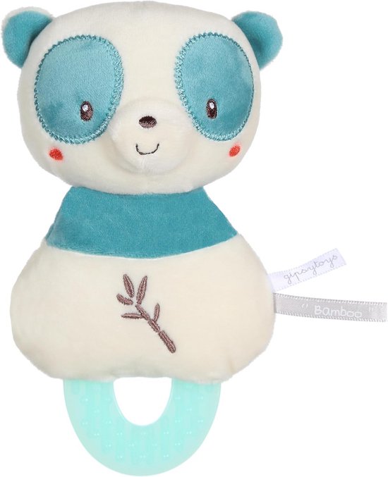 Bijtknuffel Panda Blauw & Beige - Tandkussen voor Baby's - Ritselend Speelgoed 17cm van Merkloos