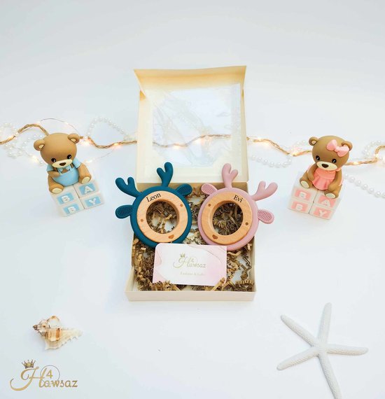 Bijtring 1 stuk Blauw - Hawsaz.nl Cadeau - Gepersonaliseerd Baby Siliconen Bijtring Hert - Babygeschenk - Geboortecadeau - Kraampakket - Babyshower cadeau - Cadeau voor jongens en meisjes - Baby en Peuter speelgoed - tweeling cadeau van Hawsaz.nl