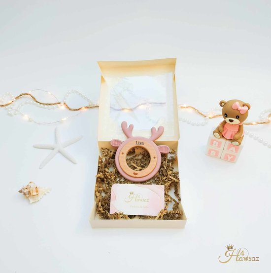 Bijtring 1 stuk Roze - Hawsaz.nl Cadeau - Gepersonaliseerd Siliconen / Hout Bijtring Hert- Babygeschenk - Geboortecadeau - Kraampakket - Babyshower cadeau - Cadeau voor jongens en meisjes - Baby en Peuter speelgoed - tweeling cadeau van Hawsaz.nl
