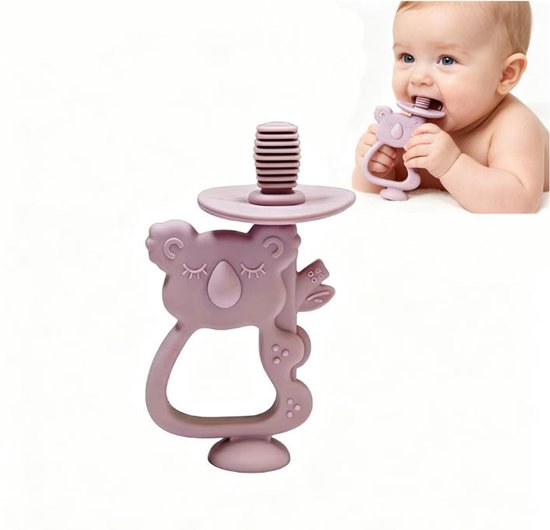 Bijtspeeltjes voor baby's, 360° babytandenborstel met zuignap, siliconen bijtspeeltjes, BPA-vrij, cadeau voor jongens en meisjes, voor baby's en peuters vanaf 6 maanden, 1 stuk (Koala Lunar Roze) van Merkloos