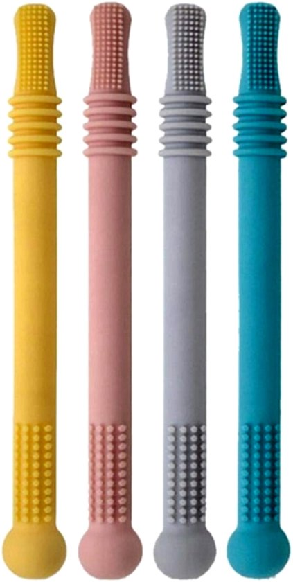 Bijtstokjes - Babybijtstokjes - Holle siliconen bijtbuisjes - Babyspeelgoed - Babybijtringen met zuignapjes - Haarloze tandenborstels - Kraamcadeaus - 16*1,5 cm - 4-pack