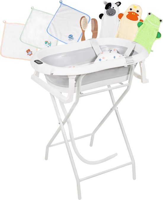 BimbelBoo® - Baby Bad met Ingebouwde Thermometer - Incl. Benodigdheden - Opvouwbaar - Babybad - Baby Bad Set - Baby Badje - Babybad met Standaard - Baby Badje - Baby Badje met Standaard - Babybadje - Kinderbad - Baby Verzorgingsset van BimbelBoo