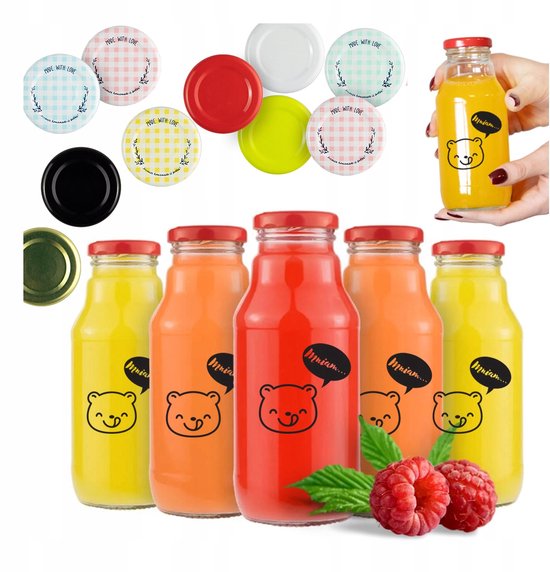 Bimberek KUBUŚ - Glazen Fles voor Sap - 330ml - Bedrukt - Diverse Kleuren