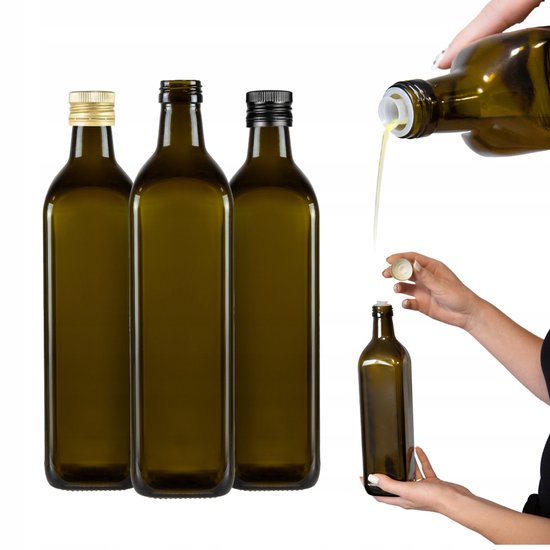 Bimberek Marasca - Vierkante Olijffles - 750 ml - Glazen Fles Met Doseerdop - Olijfgroene Kleur