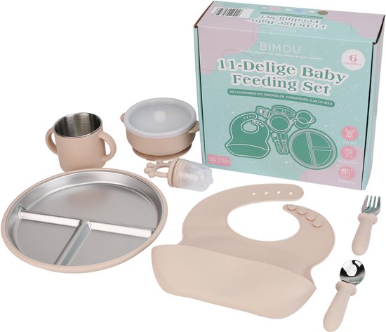 BIMOU - 11-delig set - Kinderservies - RVS - roze - Kinderbestek - BPA-vrij – Met Slab, Bord, Bestek, Drinkbeker – Vanaf 6 Maanden - Kraamcadeau van BIMOU