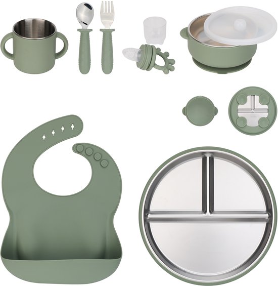 BIMOU 11-delige baby eetset – kinderservies set RVS & siliconen BPA-vrij – bord, bestek, drinkbeker & slab – duurzaam kraamcadeau – vanaf 6 maanden