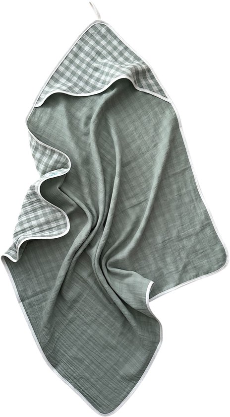 BINK Bedding Badcape Hydrofiel Vichy Groen 75x75 cm – Baby Badcape met Capuchon – 100% Katoen Double Gauze Mousseline – OEKO-TEX