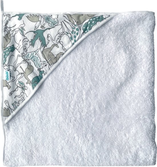 BINK Bedding Badcape Safari - witte badstof van katoen met capuchon en ophanglus - dierenprint - lijntekening - grijs - groen - wit - zwart - olifant - tijger - leeuw - panter - aap - zebra - neushoorn - kangaroo - flamingo - jungle van BINK