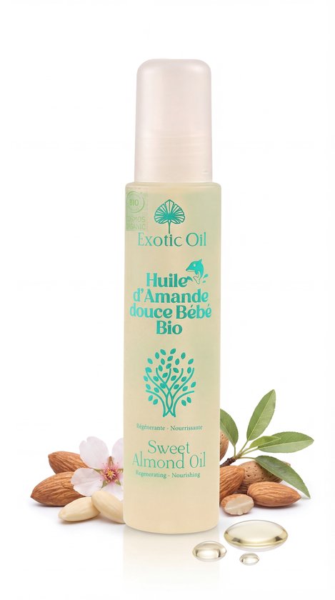 Biologische Amandelolie Baby 100 ml - Baby Massage Olie - COSMOS ORGANIC Ecocert - 100% Puur & Koudgeperst - Hydrateert en Verzacht de Babyhuid - Exotic Oil